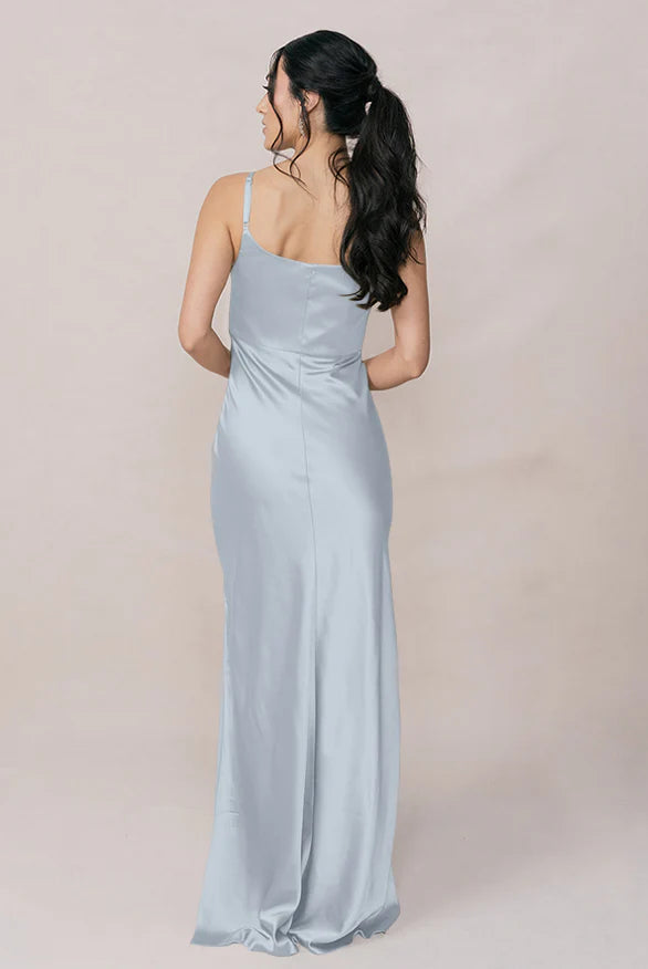 Cowl Neck Satin Bridesmaid Dress with Adjustable Spaghetti Straps, Side High Slit & Slim Maxi Silhouette