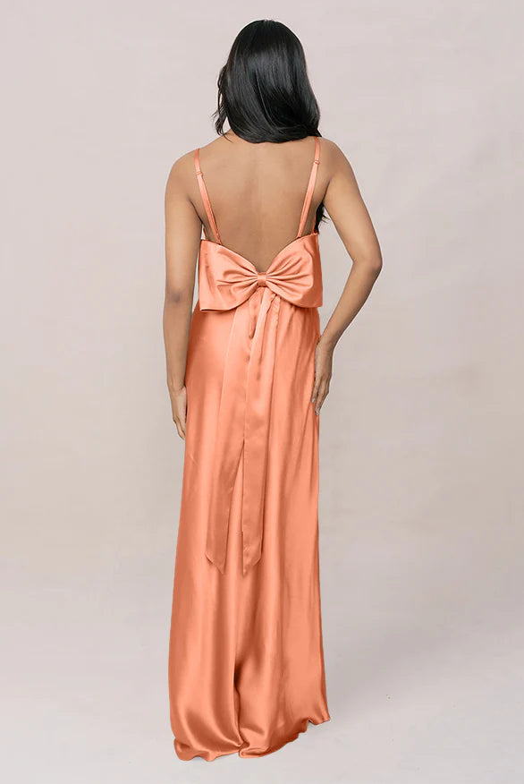 Cowl Neck Satin Bridesmaid Dress with Back Bow Detail & High Side Slit