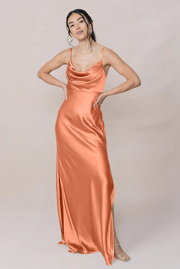 Cowl Neck Spaghetti Strap Satin Bridesmaid Dress with High Side Slit & Hidden Pockets