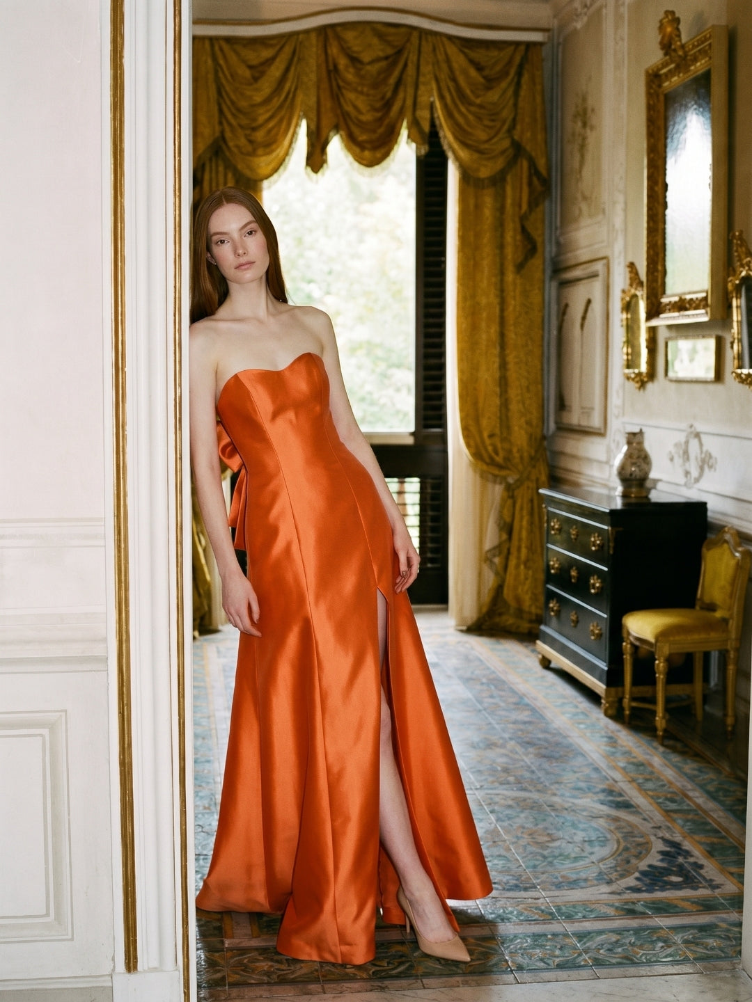 Crisp Orange Satin A-Line Sweetheart Backless Floor-Length Bridesmaid Dress with Pockets