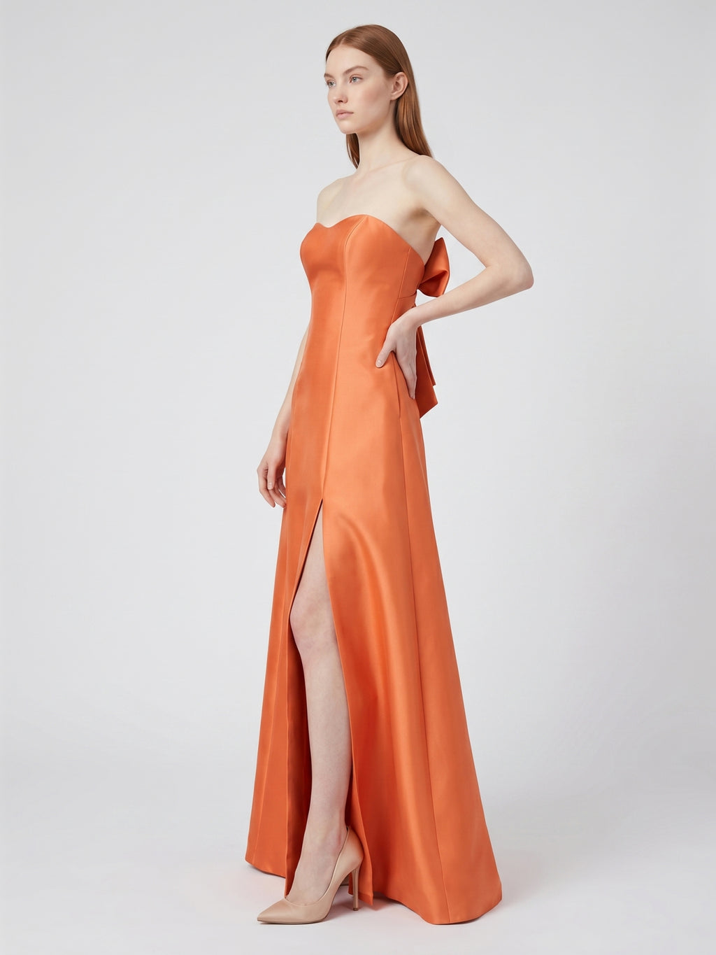 Crisp Orange Satin A-Line Sweetheart Backless Floor-Length Bridesmaid Dress with Pockets