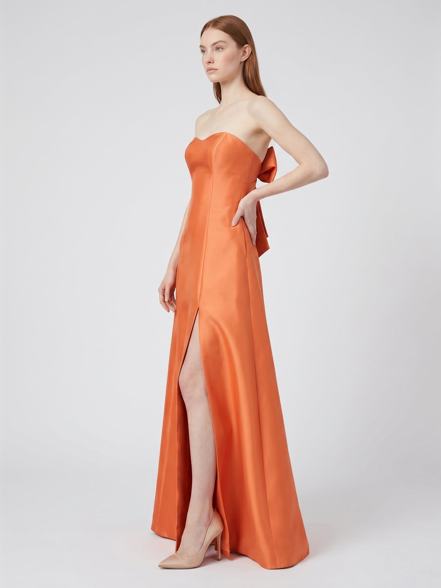 Crisp Orange Satin A-Line Sweetheart Backless Floor-Length Bridesmaid Dress with Pockets