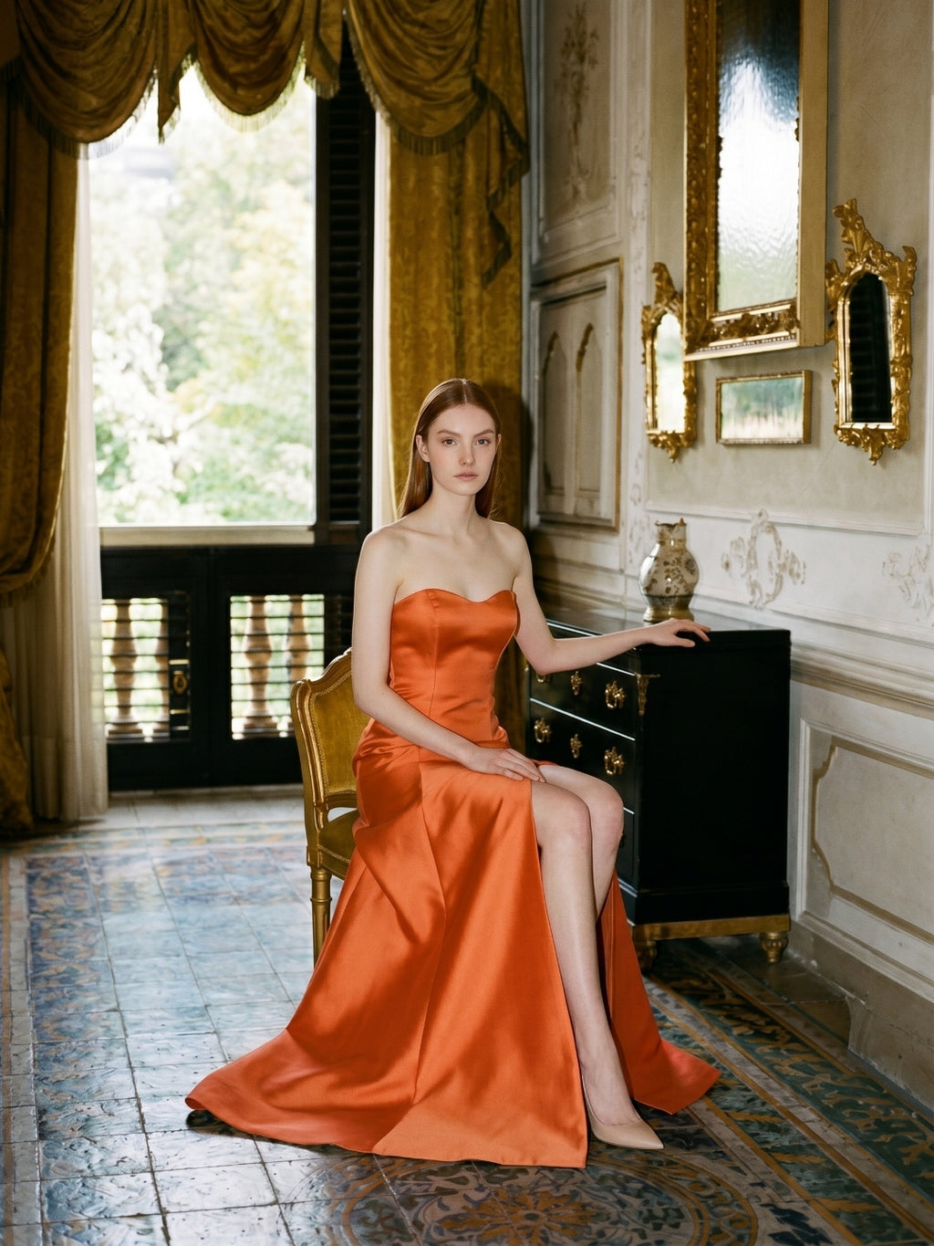 Crisp Orange Satin A-Line Sweetheart Backless Floor-Length Bridesmaid Dress with Pockets