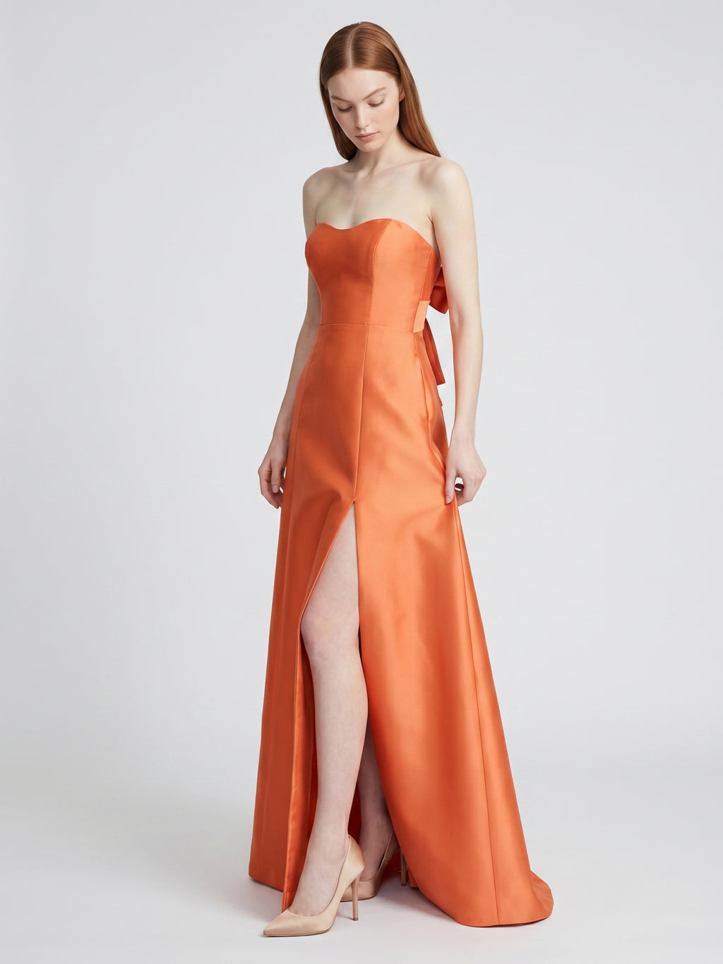 Crisp Orange Satin A-Line Sweetheart Backless Floor-Length Bridesmaid Dress with Pockets