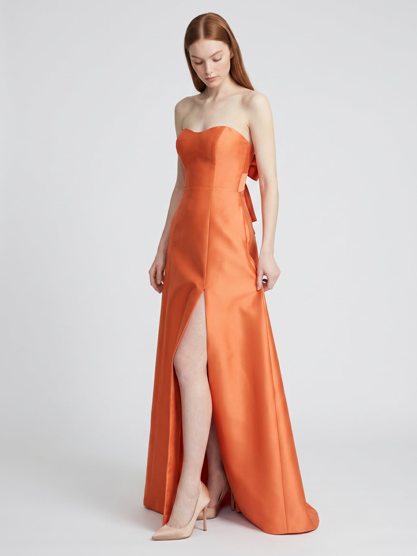 Crisp Orange Satin A-Line Sweetheart Backless Floor-Length Bridesmaid Dress with Pockets