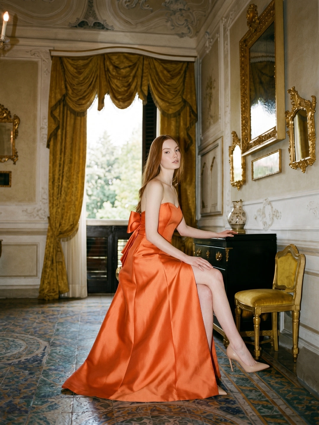 Crisp Orange Satin A-Line Sweetheart Backless Floor-Length Bridesmaid Dress with Pockets