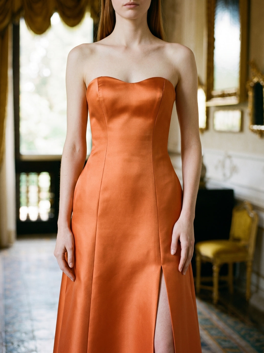 Crisp Orange Satin A-Line Sweetheart Backless Floor-Length Bridesmaid Dress with Pockets