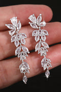 Silver Tone Marquise Leaf Cluster Long Drop Earrings Bridal Wedding CZ Crystal Dangle Earrings