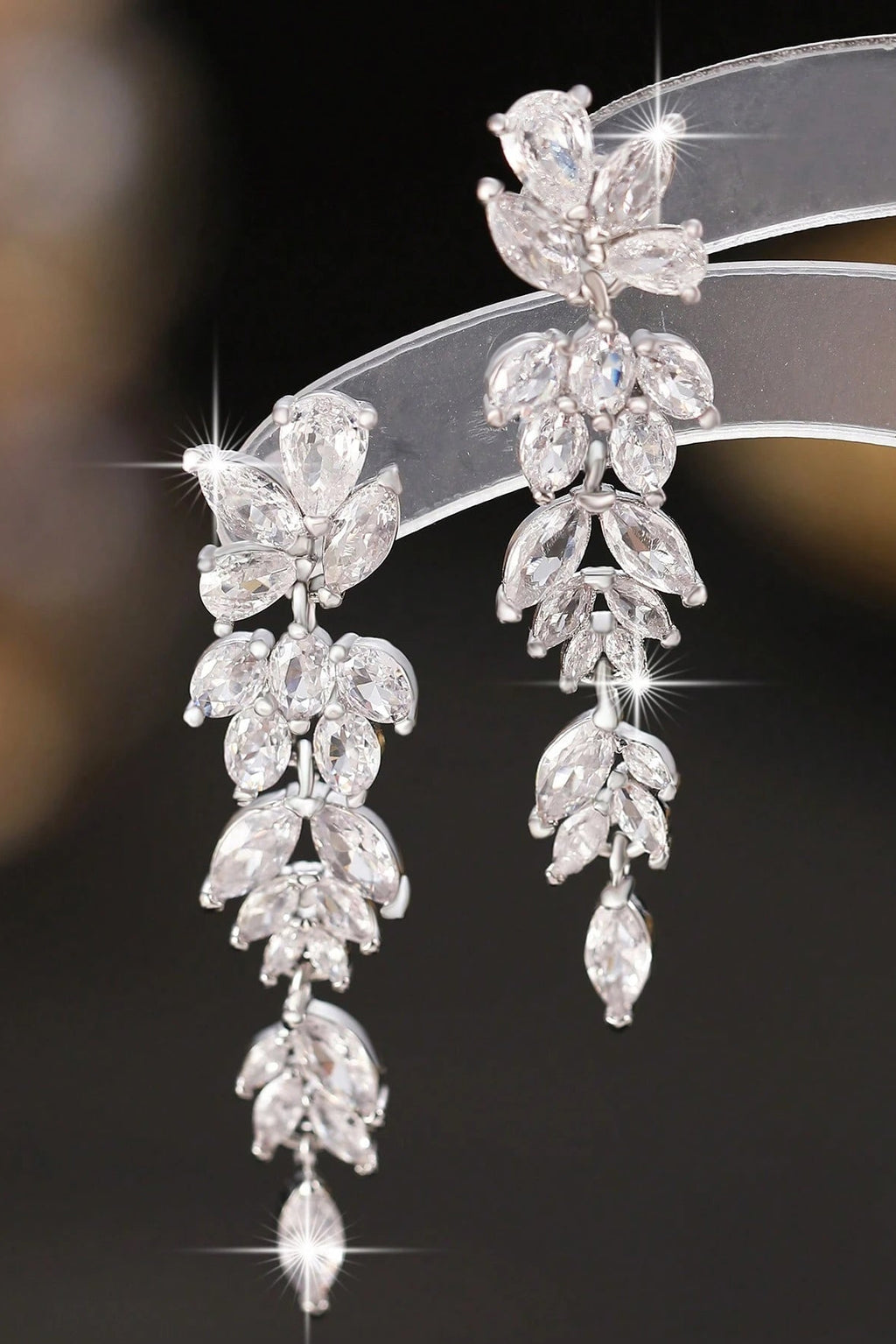 Silver Tone Marquise Leaf Cluster Long Drop Earrings Bridal Wedding CZ Crystal Dangle Earrings