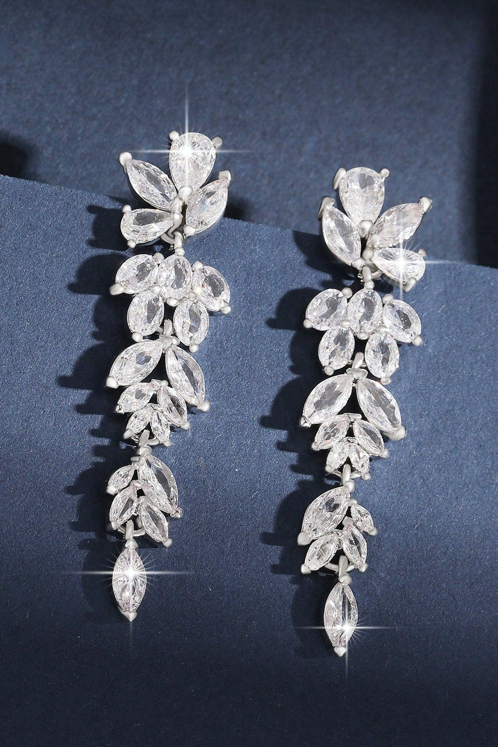 Silver Tone Marquise Leaf Cluster Long Drop Earrings Bridal Wedding CZ Crystal Dangle Earrings