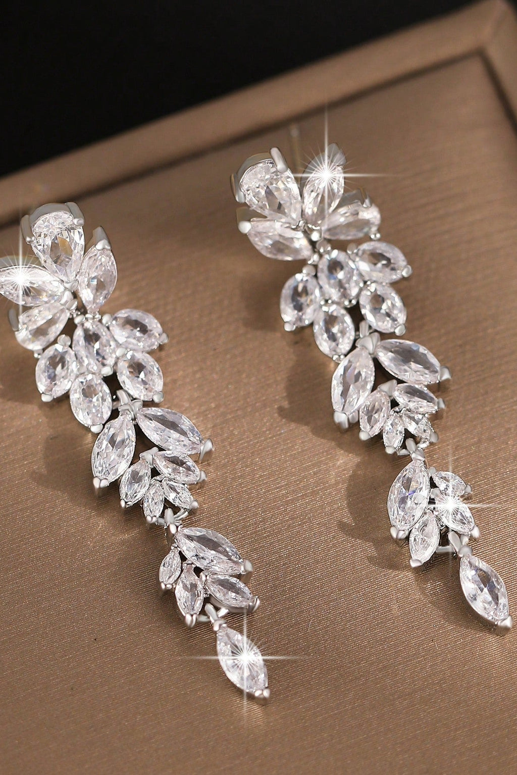 Silver Tone Marquise Leaf Cluster Long Drop Earrings Bridal Wedding CZ Crystal Dangle Earrings