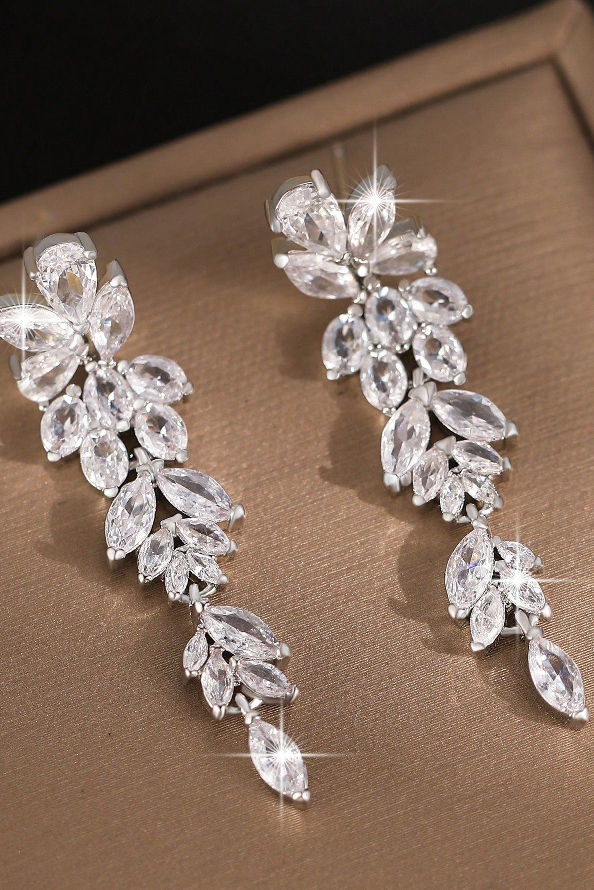 Silver Tone Marquise Leaf Cluster Long Drop Earrings Bridal Wedding CZ Crystal Dangle Earrings