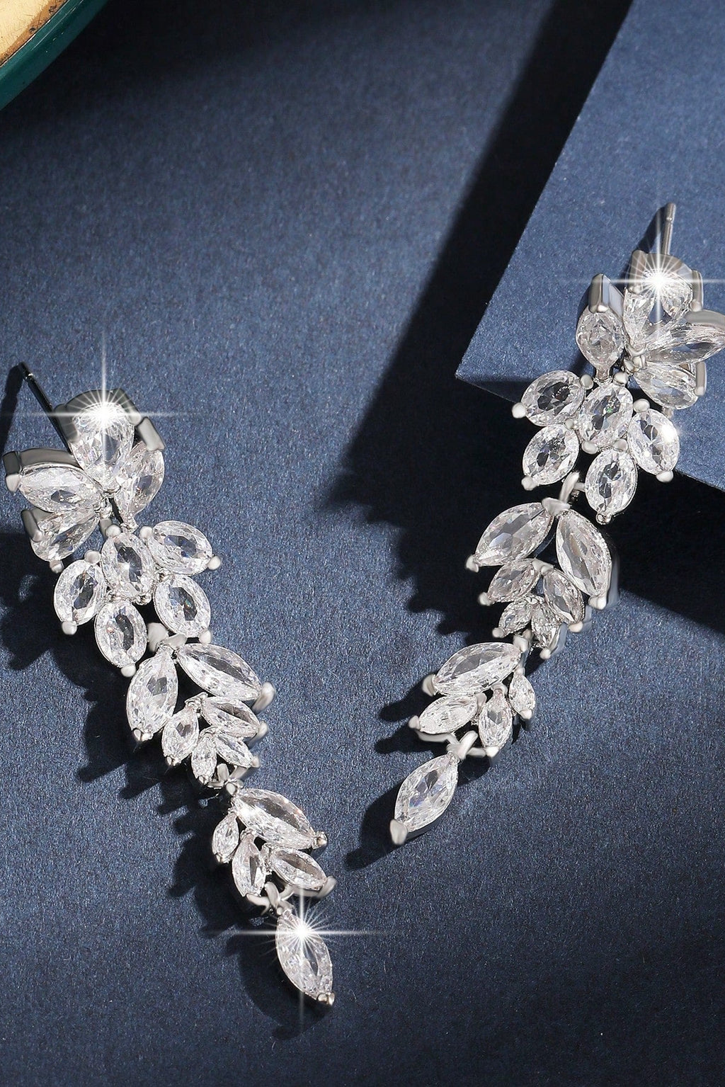 Silver Tone Marquise Leaf Cluster Long Drop Earrings Bridal Wedding CZ Crystal Dangle Earrings