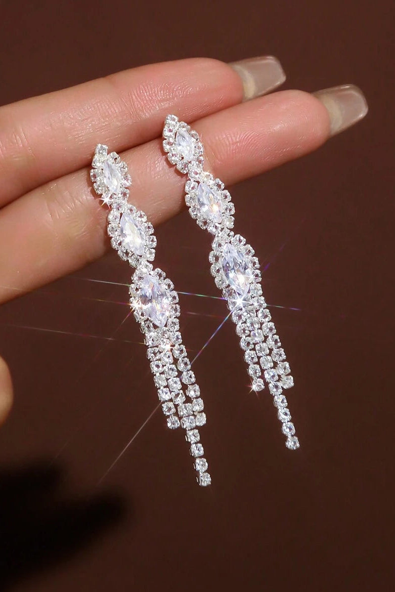 Sparkling Rhinestone Tassel Long Drop Earrings Bridal Crystal Jewelry