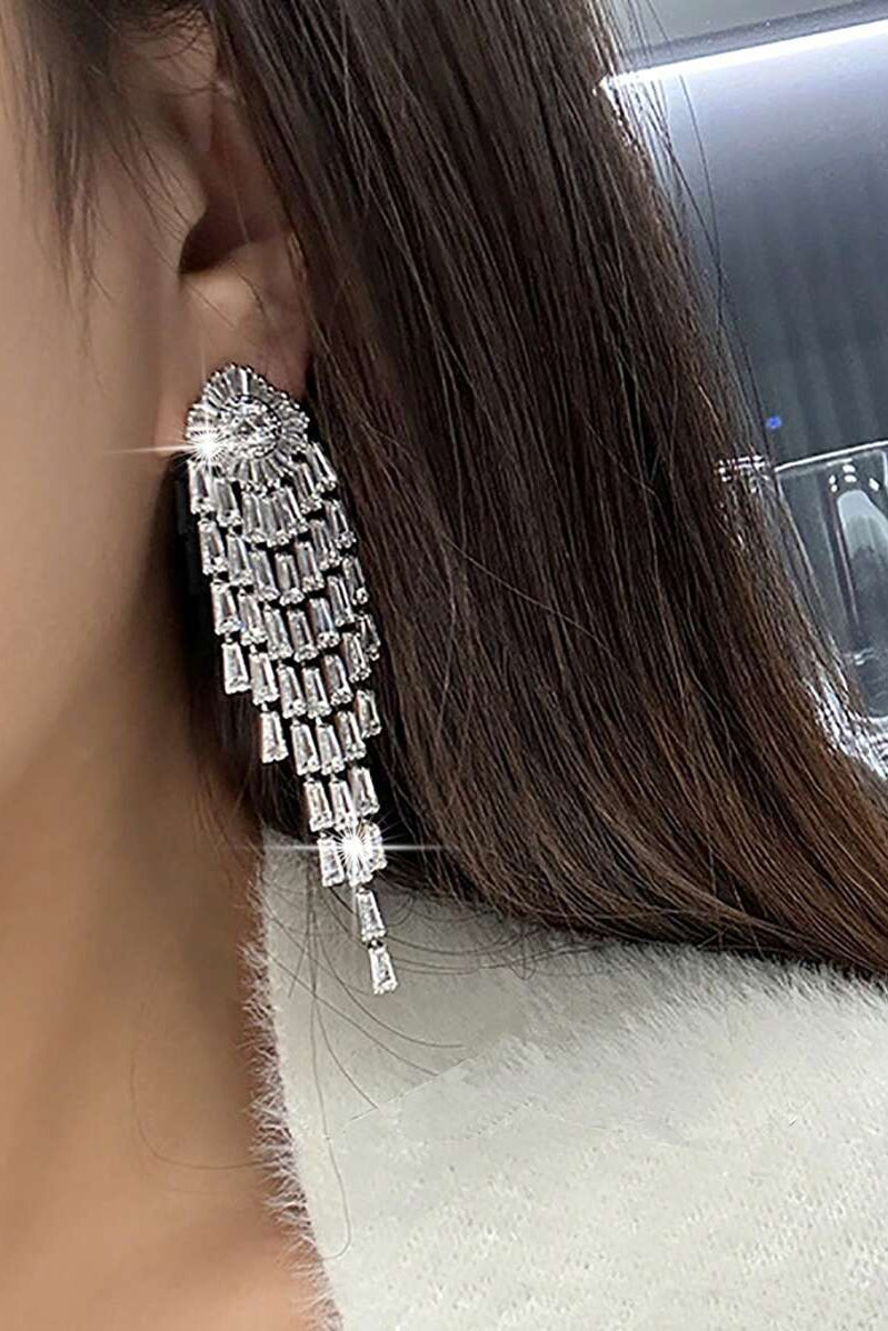 Silver Sunburst Baguette CZ Long Tassel Drop Earrings Luxury Crystal Fringe Bridal Earrings