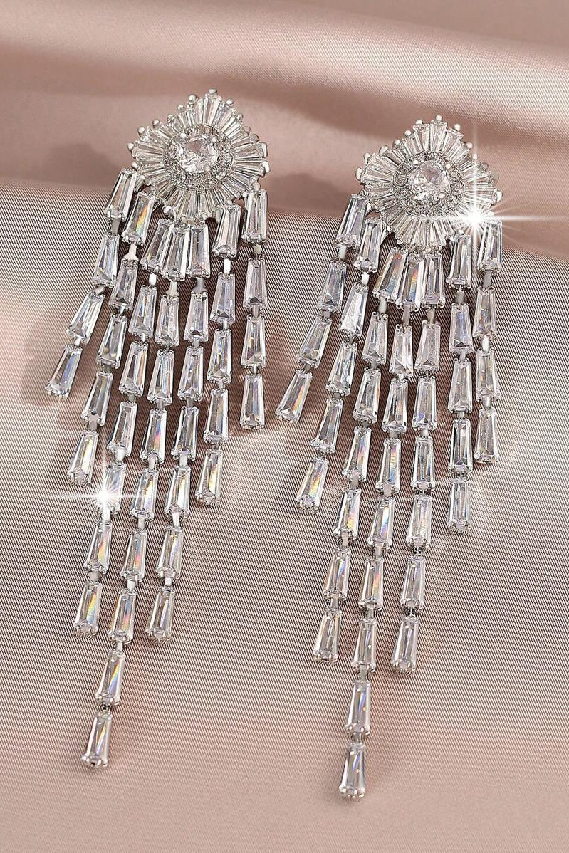 Silver Sunburst Baguette CZ Long Tassel Drop Earrings Luxury Crystal Fringe Bridal Earrings