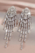 Silver Sunburst Baguette CZ Long Tassel Drop Earrings Luxury Crystal Fringe Bridal Earrings