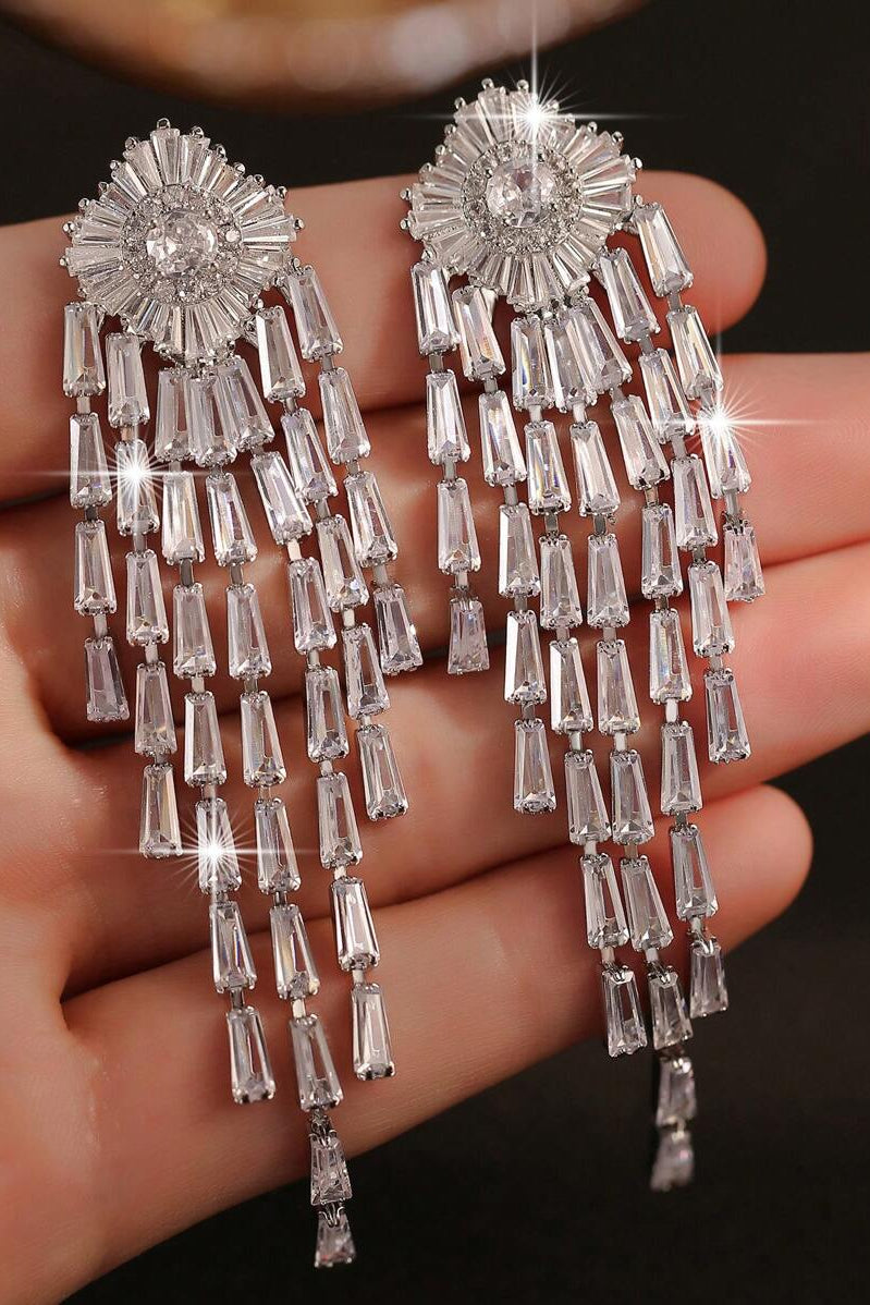 Silver Sunburst Baguette CZ Long Tassel Drop Earrings Luxury Crystal Fringe Bridal Earrings