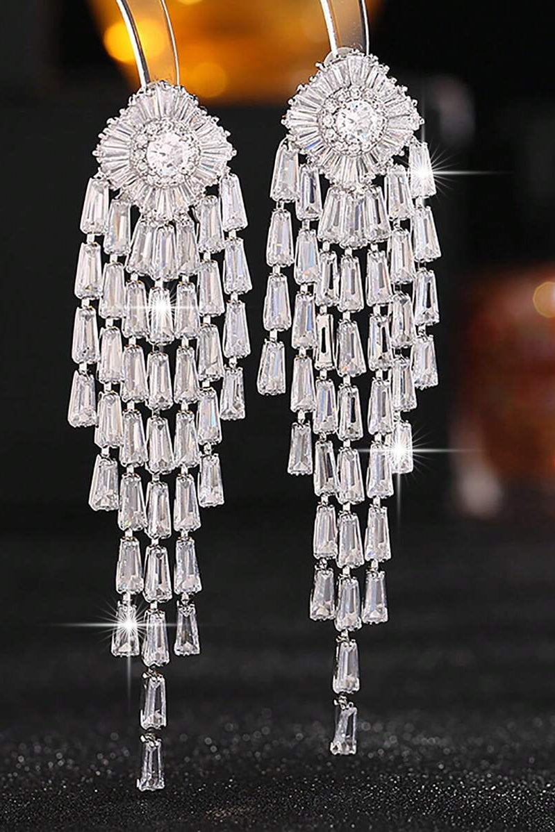 Silver Sunburst Baguette CZ Long Tassel Drop Earrings Luxury Crystal Fringe Bridal Earrings