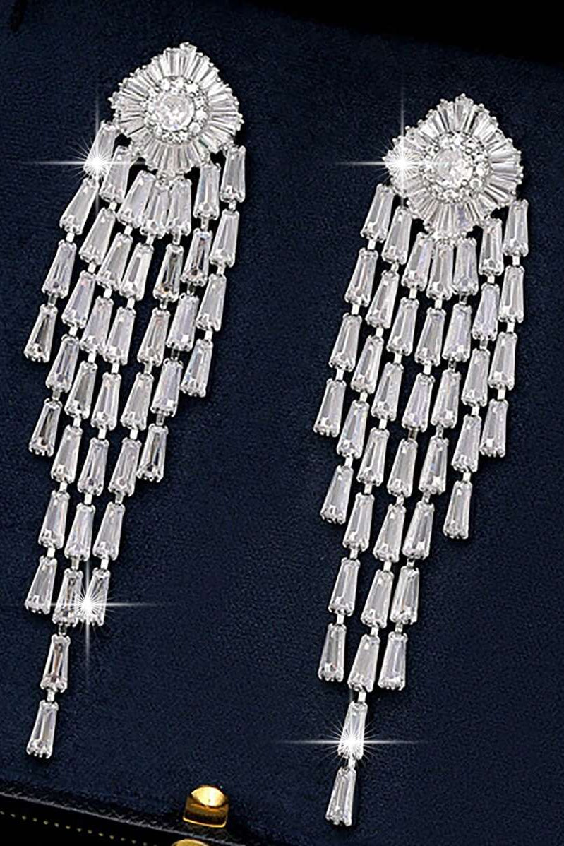 Silver Sunburst Baguette CZ Long Tassel Drop Earrings Luxury Crystal Fringe Bridal Earrings