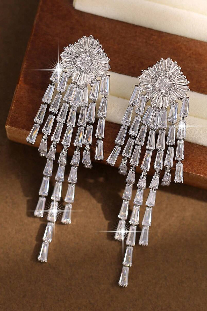 Silver Sunburst Baguette CZ Long Tassel Drop Earrings Luxury Crystal Fringe Bridal Earrings