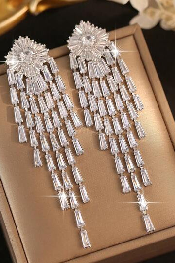 Silver Sunburst Baguette CZ Long Tassel Drop Earrings Luxury Crystal Fringe Bridal Earrings