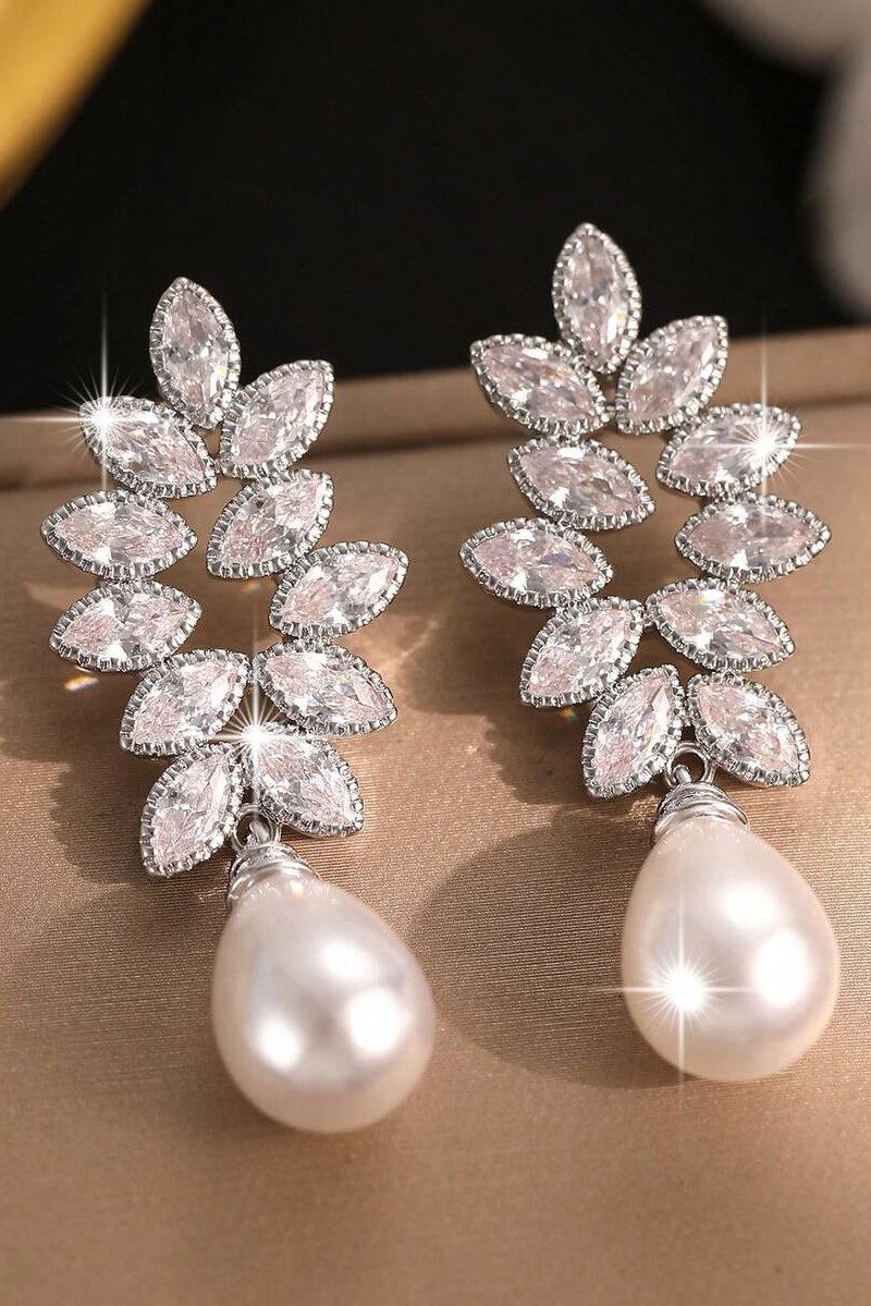 Marquise Cut CZ Leaf Vine Teardrop Pearl Drop Earrings Silver Bridal Wedding Dangle Earrings
