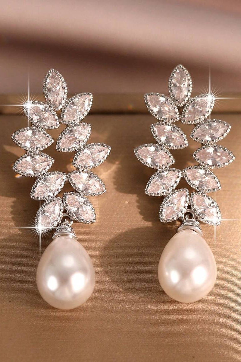 Marquise Cut CZ Leaf Vine Teardrop Pearl Drop Earrings Silver Bridal Wedding Dangle Earrings