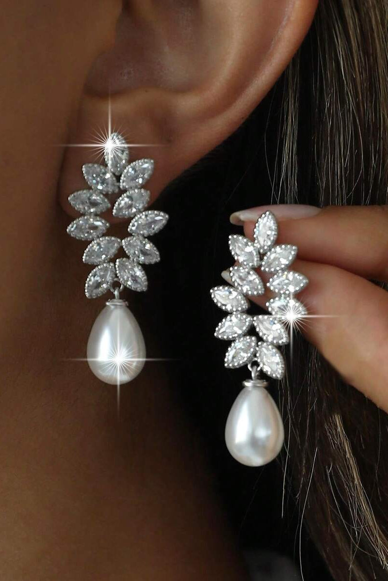 Marquise Cut CZ Leaf Vine Teardrop Pearl Drop Earrings Silver Bridal Wedding Dangle Earrings