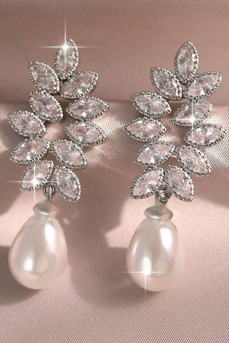 Marquise Cut CZ Leaf Vine Teardrop Pearl Drop Earrings Silver Bridal Wedding Dangle Earrings