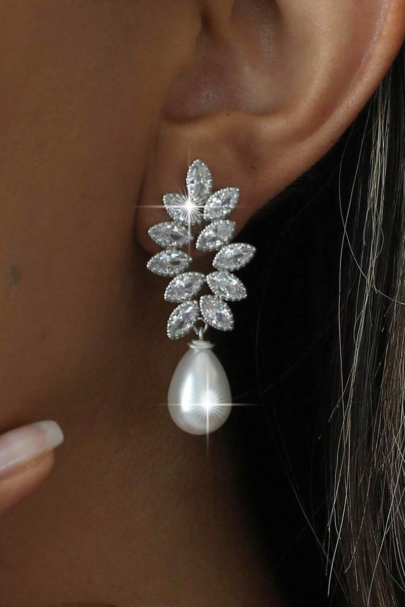 Marquise Cut CZ Leaf Vine Teardrop Pearl Drop Earrings Silver Bridal Wedding Dangle Earrings