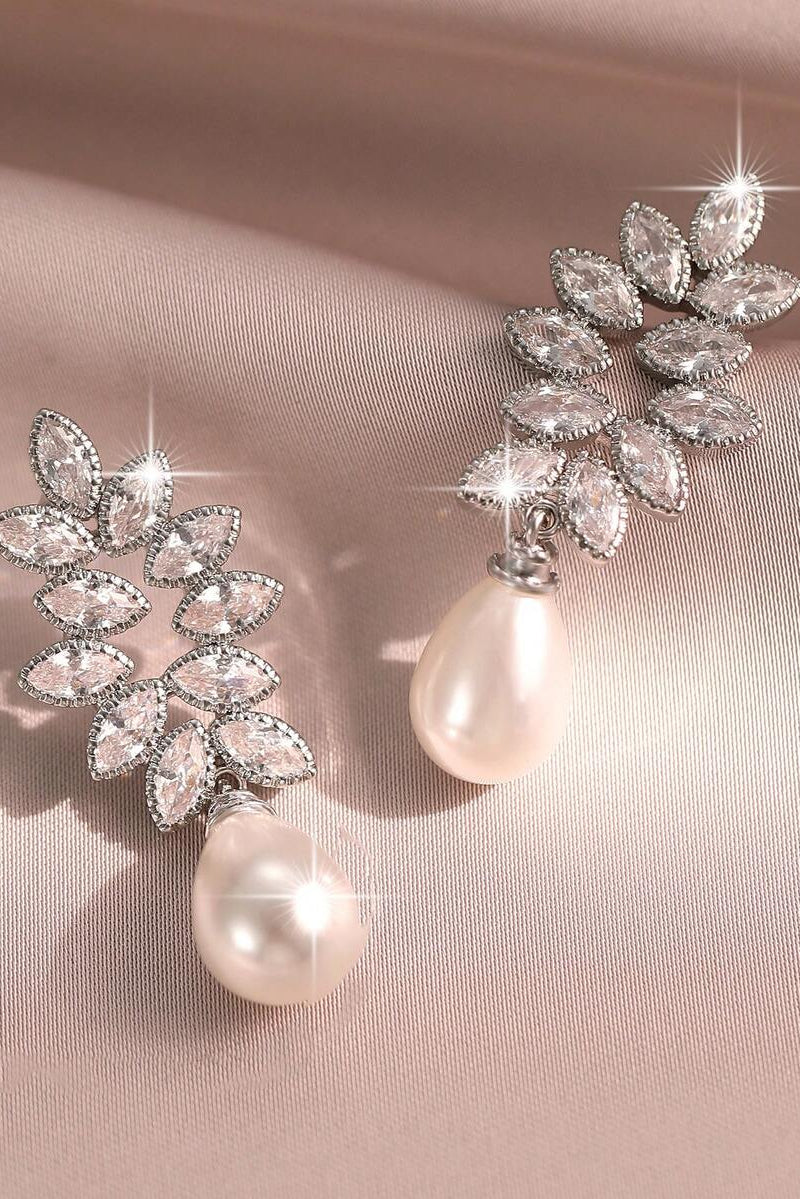 Marquise Cut CZ Leaf Vine Teardrop Pearl Drop Earrings Silver Bridal Wedding Dangle Earrings