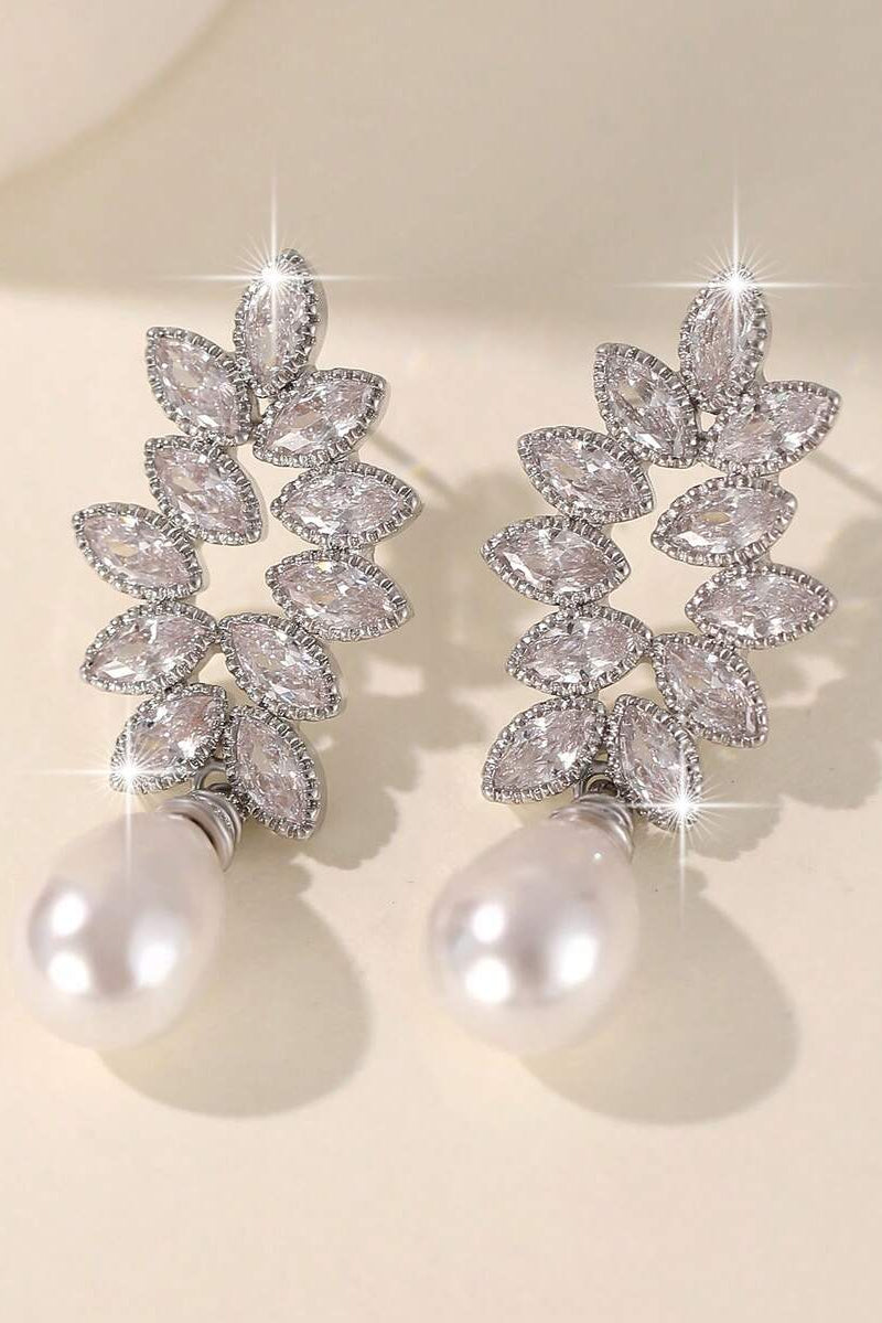 Marquise Cut CZ Leaf Vine Teardrop Pearl Drop Earrings Silver Bridal Wedding Dangle Earrings