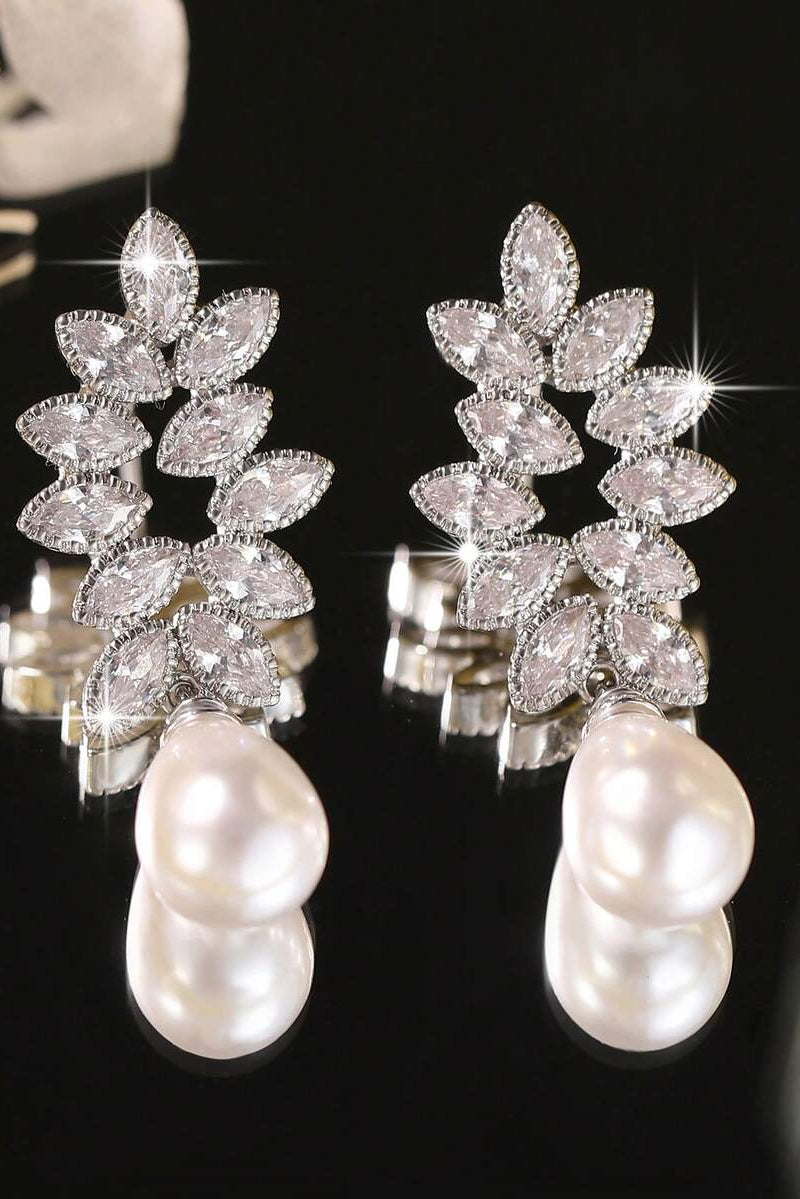 Marquise Cut CZ Leaf Vine Teardrop Pearl Drop Earrings Silver Bridal Wedding Dangle Earrings
