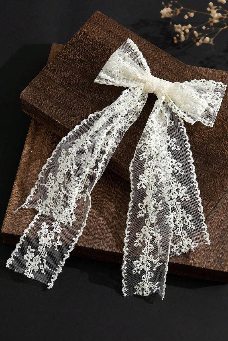 White Lace Long Streamer Bow Hair Clip Floral Vintage Bow Hair Barrette