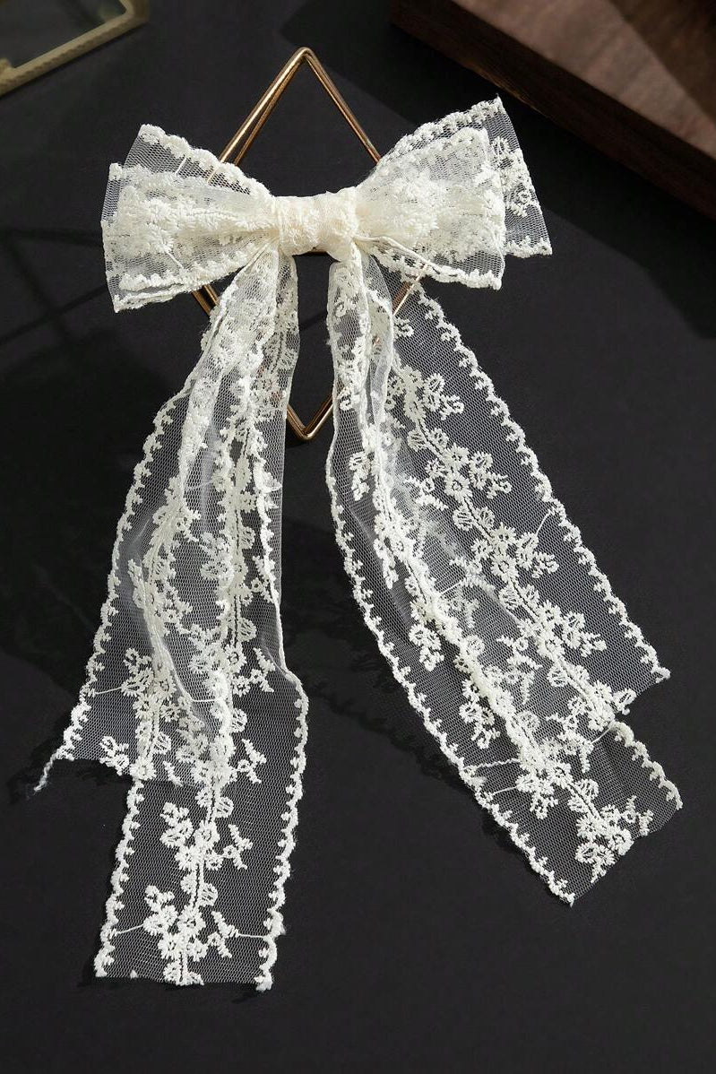 White Lace Long Streamer Bow Hair Clip Floral Vintage Bow Hair Barrette