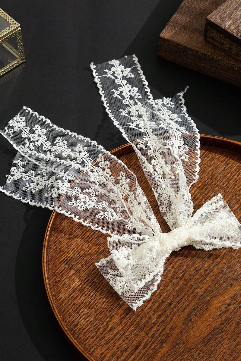 White Lace Long Streamer Bow Hair Clip Floral Vintage Bow Hair Barrette
