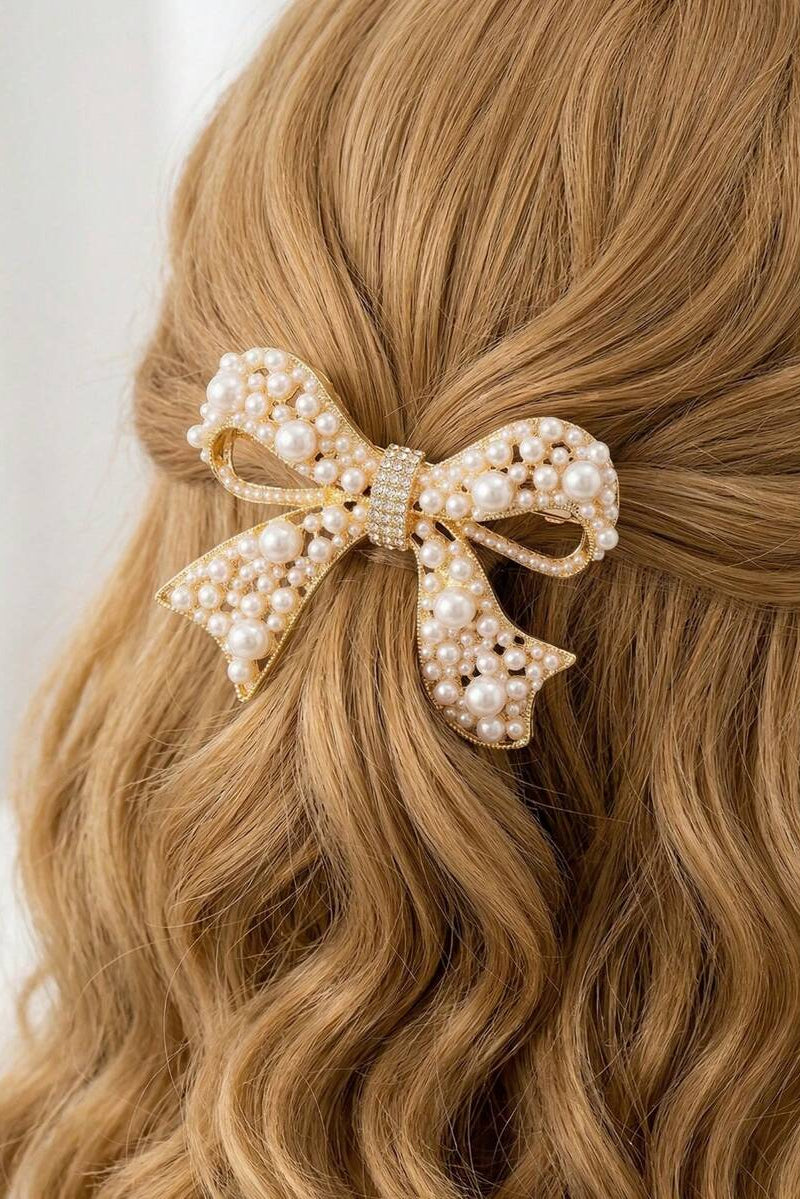 Pearl Rhinestone Gold Bow Hair Barrette Bridal Bow Hair Clip