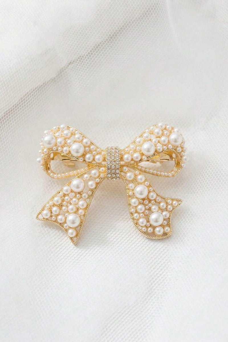 Pearl Rhinestone Gold Bow Hair Barrette Bridal Bow Hair Clip