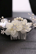 White Fabric Flower Pearl Rhinestone Bridal Hair Comb Silver Wedding Hair Comb