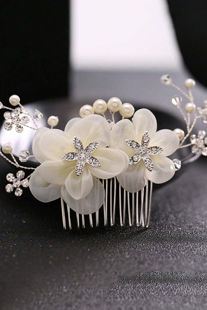 White Fabric Flower Pearl Rhinestone Bridal Hair Comb Silver Wedding Hair Comb