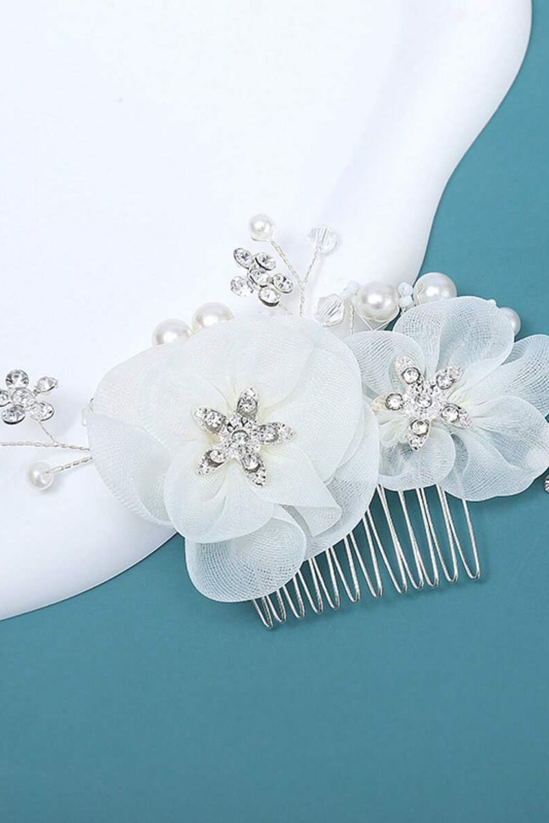 White Fabric Flower Pearl Rhinestone Bridal Hair Comb Silver Wedding Hair Comb