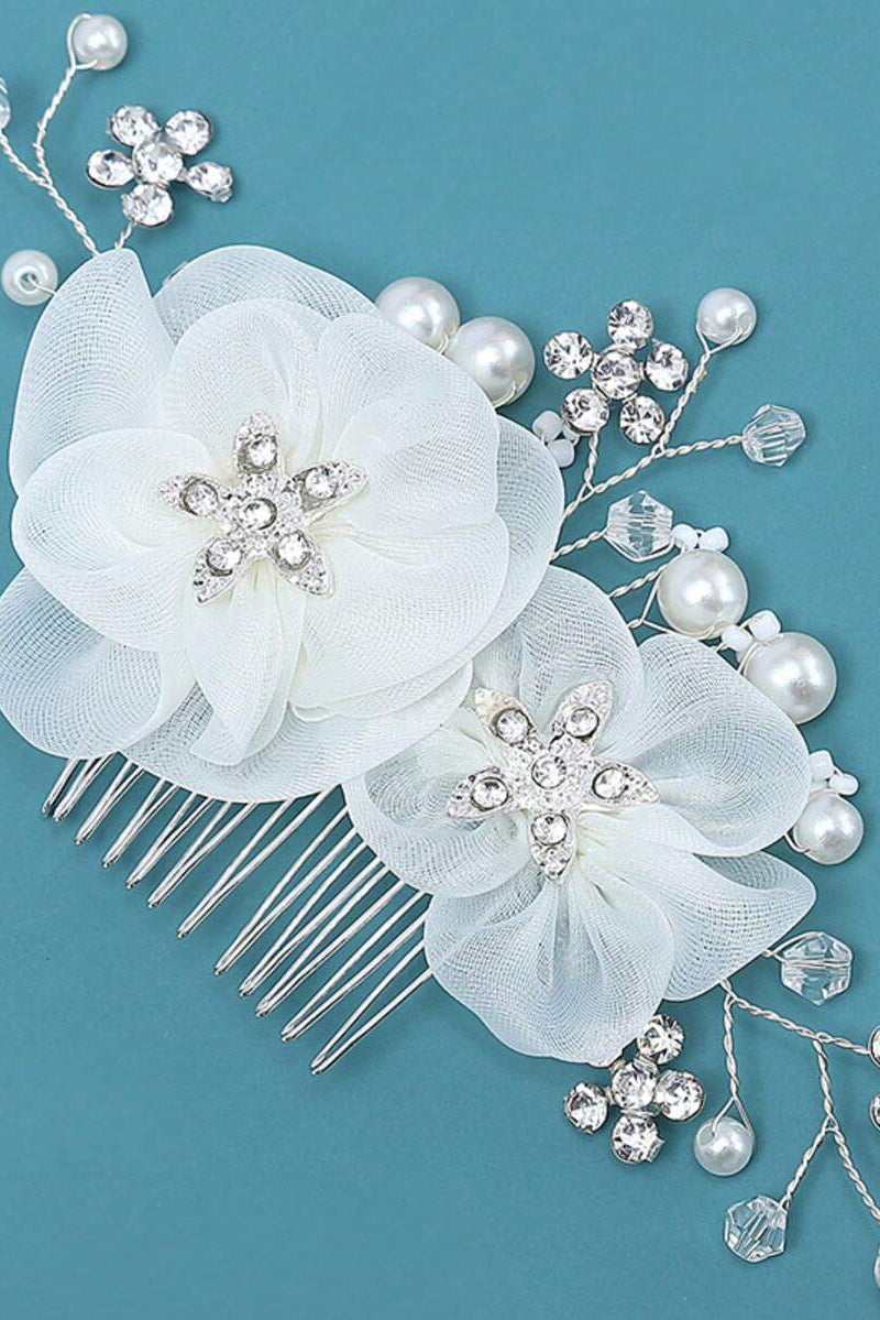 White Fabric Flower Pearl Rhinestone Bridal Hair Comb Silver Wedding Hair Comb