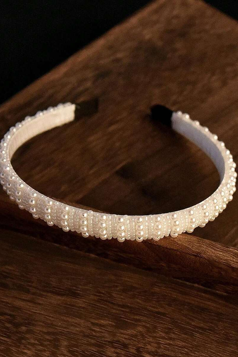White Multi-Row Pearl Padded Headband Beaded Bridal Wedding Hair Band