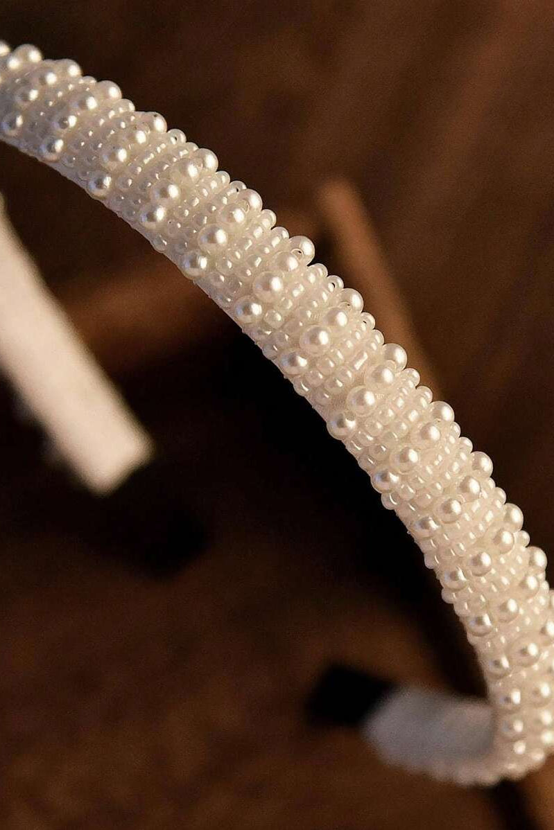 White Multi-Row Pearl Padded Headband Beaded Bridal Wedding Hair Band