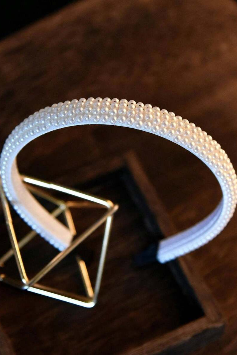 White Multi-Row Pearl Padded Headband Beaded Bridal Wedding Hair Band