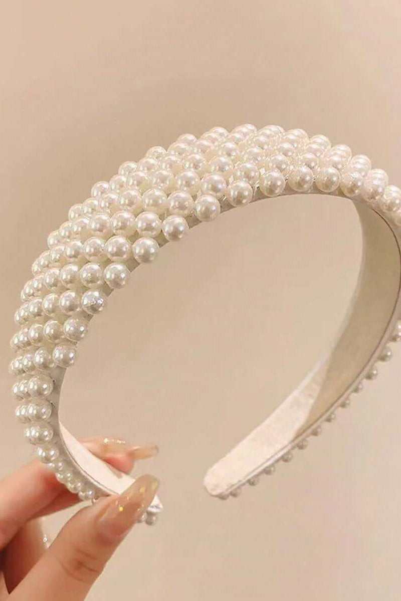 White Multi-Row Pearl Padded Headband Chunky Beaded Bridal Hair Band