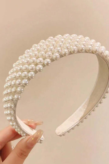 White Multi-Row Pearl Padded Headband Chunky Beaded Bridal Hair Band