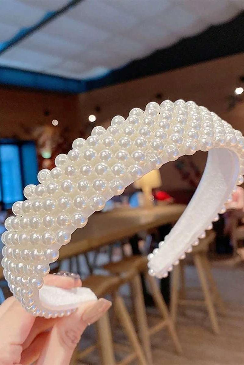 White Multi-Row Pearl Padded Headband Chunky Beaded Bridal Hair Band