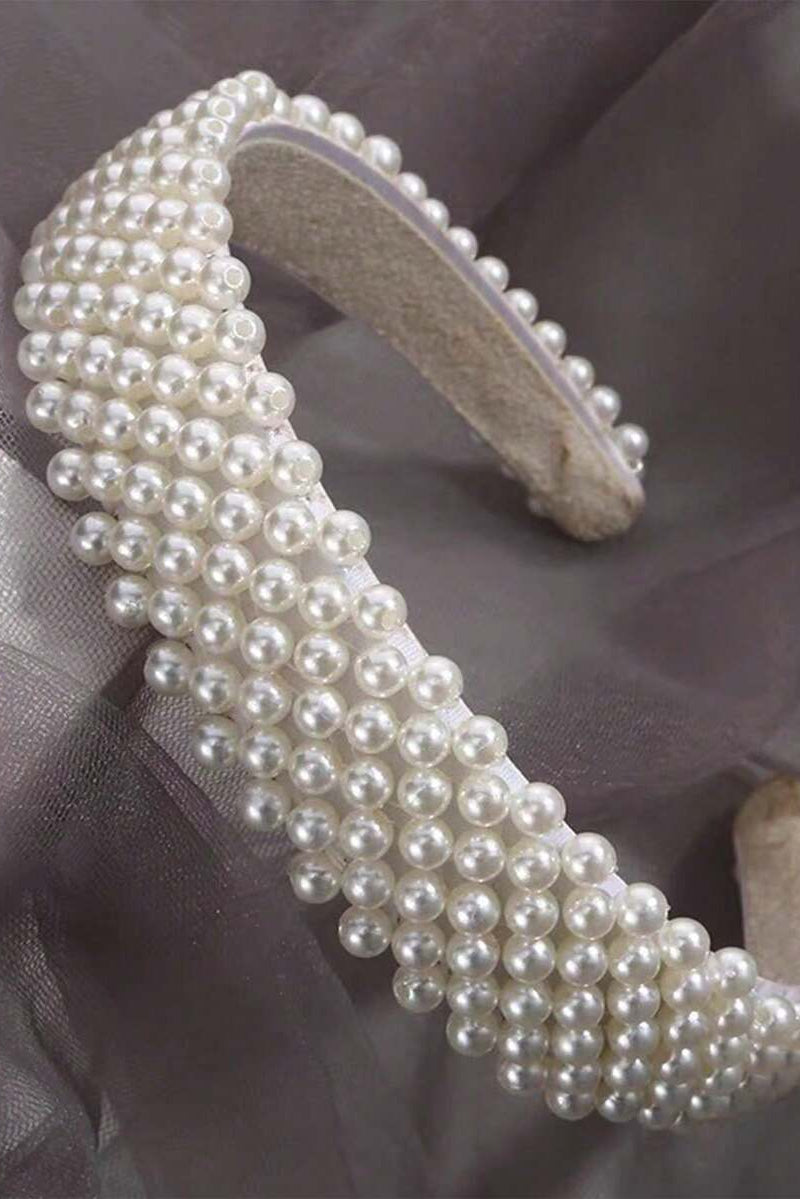 White Multi-Row Pearl Padded Headband Chunky Beaded Bridal Hair Band